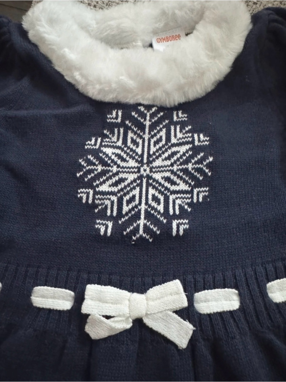 Gymboree Girls Faux Fur Collar Snowflake Fair Isle Sweater Dress Navy Blue 3T